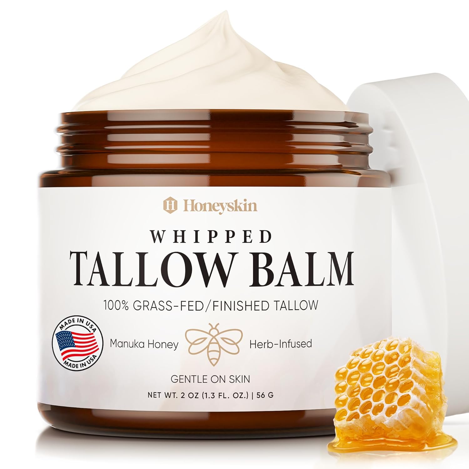Honeyskin Whipped Tallow and Honey Balm | All Natural 100% Grass-Fed Beef Tallow for Skin Face Moisturizer