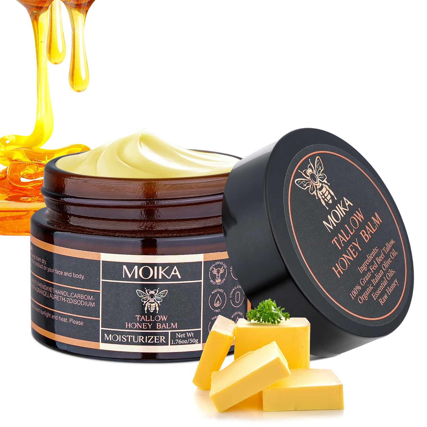 MOIKA Tallow and Honey Balm, Grass-Fed Beef Tallow Raw Honey Moisturizing Cream for Face and Body, Handmade Natural Moisturizer for Soft Smooth Skin