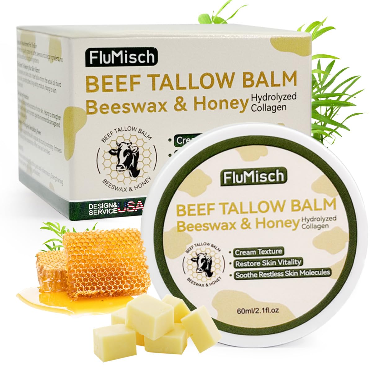 Beef Tallow Moisturizer, Tallow and Honey Balm for Skin, Grass Fed Beef with Whipped Tallow Balm, Organic Raw Honey and Beeswax, Moisturizing Cream for Body Skin Care