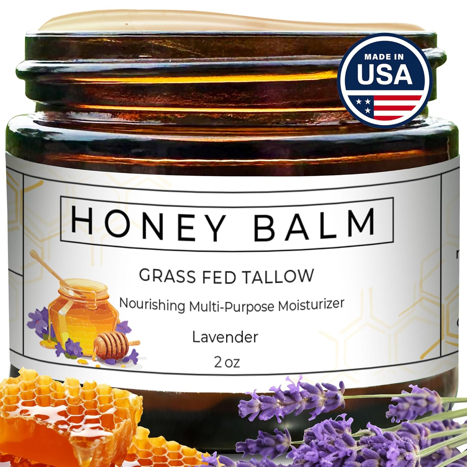 Honey Balm, Handmade, Organic Body Butter, Grass-Fed Beef Tallow for Skin, Soothing All-Natural Moisturizer (Lavender)