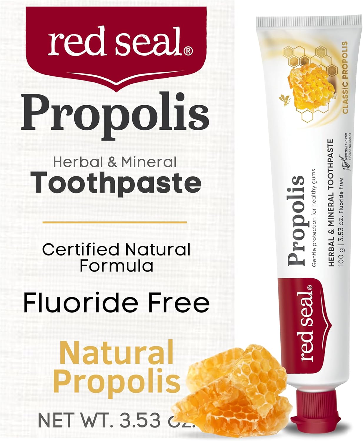 Red Seal Propolis Herbal & Mineral Natural Toothpaste - Fluoride Free, Organic Toothpaste, NATRUE Certified Natural