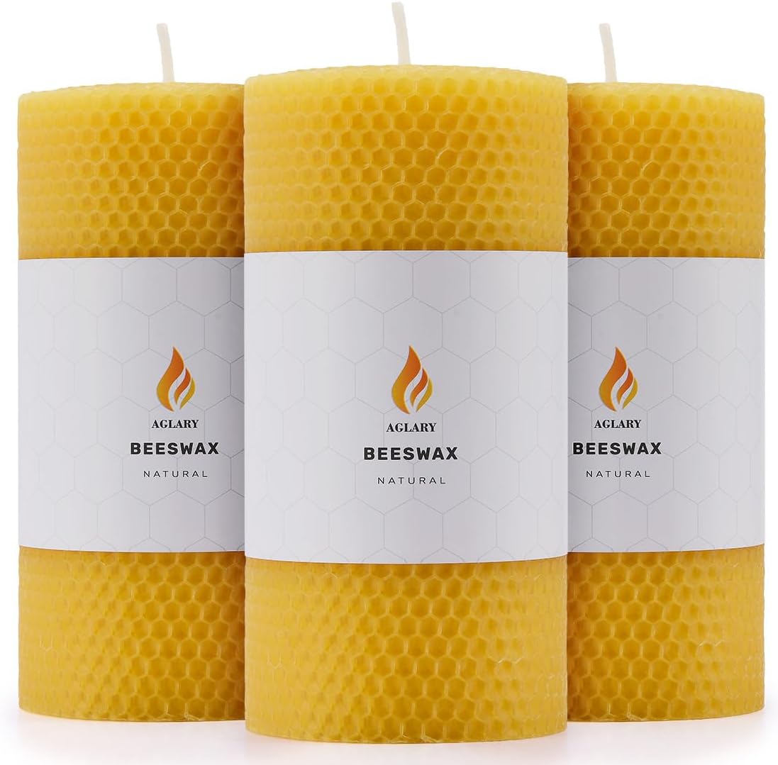 3 large handmade beeswax candles, pure beeswax rolled candles, unscented, dripless, and smokeless, 3 x 6 inches.